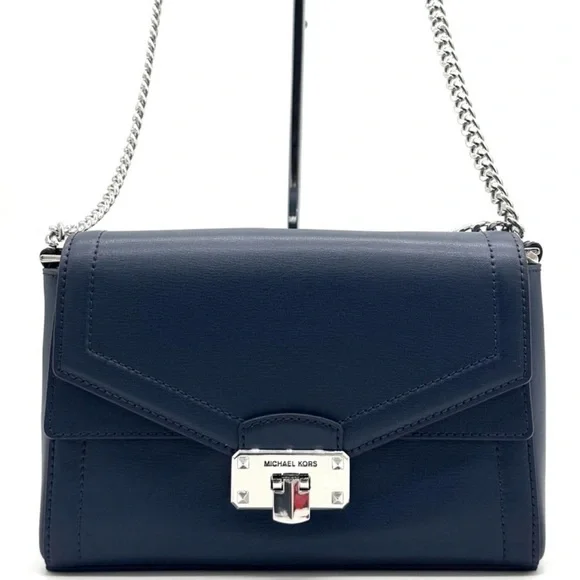 Michael Kors Kinsley leather Medium Shoulder Flap Crossbody Bag Navy Blue - Picture 1 of 9